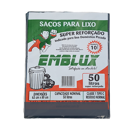 Saco para Lixo Reforçado Emblux - 50 Litros Preto 10 Unidades