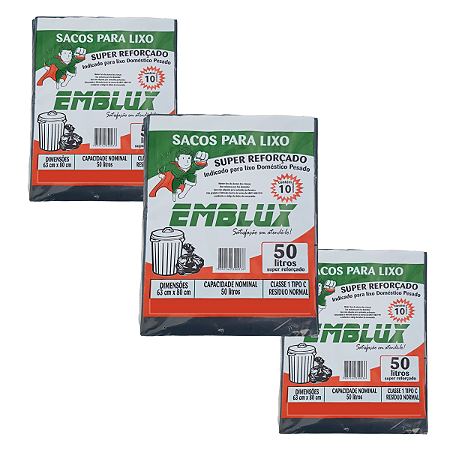 Saco para Lixo Reforçado Emblux - 50 Litros Preto - 3  PCT
