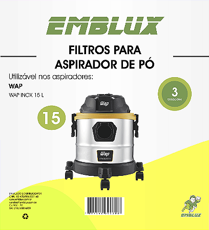FILTRO PARA ASPIRADOR DE PÓ EMBLUX WAP INOX 15 LITROS 12X3