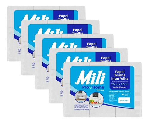 Papel Toalha Mili Interfolha Simples 5000 Folhas 23x20cm