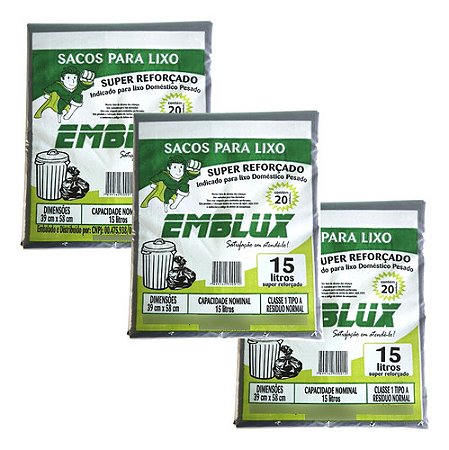 Saco De Lixo Emblux Reforcado Preto 15 Ltrs Kit 60 Unidades