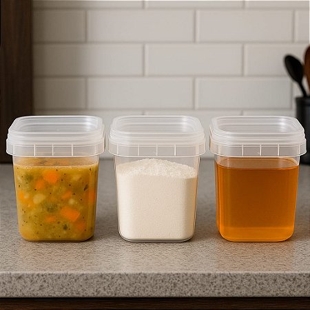 POTE QUADRADO PLÁSTICO CALDOS, FAROFA, BISCOITOS 1000ml - 50 Unidades