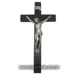 Crucifixo em Madeira Escura e imagem metalizada (Bronze/Dourado/Prateado)
