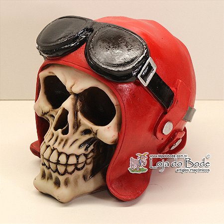 Crânio Motociclista Aviador com Capacete e Óculos - Vermelho