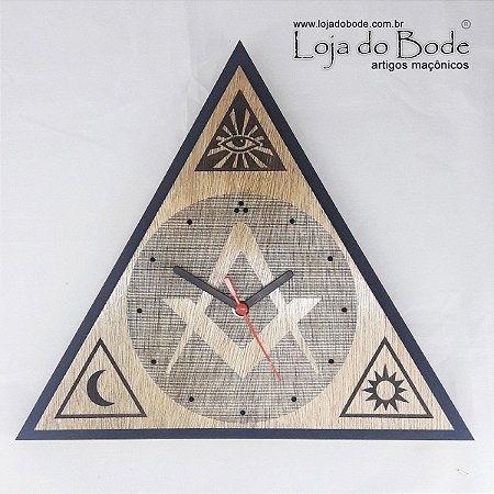 Relógio Triângulo com Esquadro e Compasso, Olho, Sol e Lua - Madeira
