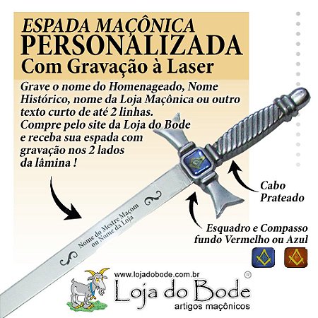 Espada Maçônica Ritualística Reta Prateada - COM GRAVAÇÃO A LASER