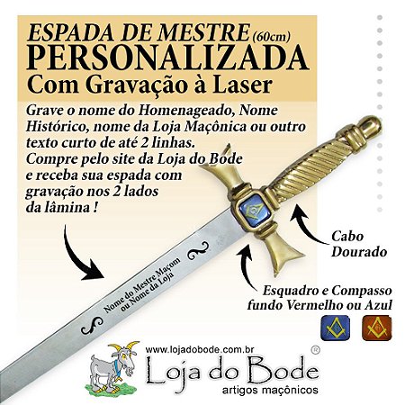Espada Maçônica de Mestre Curta Dourada - COM GRAVAÇÃO A LASER