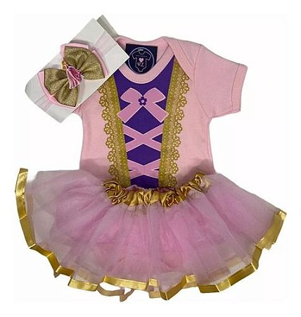 Body + Laço Com Saia Rosa Vestido Princesa Menina Temático