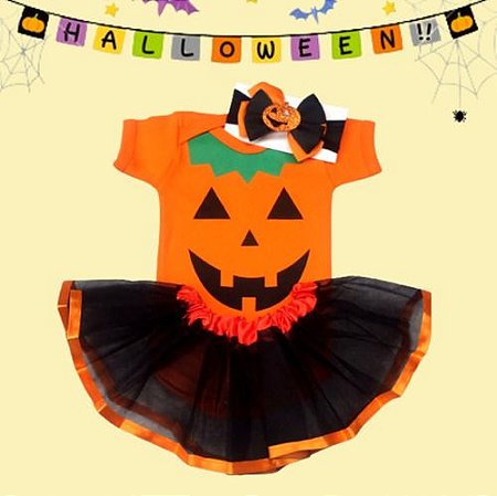 Body + Saia E Laço Abóbora Fantasia Halloween Dia Das Bruxas