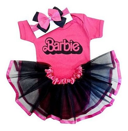 Body Barbie Infantil Bebê Menina Rosa Com Saia E Laço