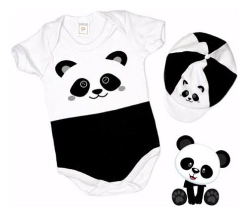 Body+Boina Menino Menina Panda Branco Mesversario