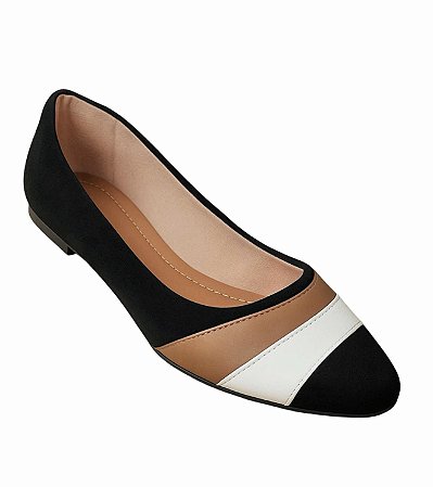 sapatilha bico fino preta detalhe em branco e caramelo  ref 100