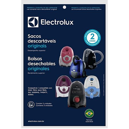 Kit c/ 3 Sacos Descartáveis p/ Aspiradores de Pó Modelos: One, Trio, Max Trio, Go!, Ingenio, Twenty e Sonic Electrolux (SBEON)