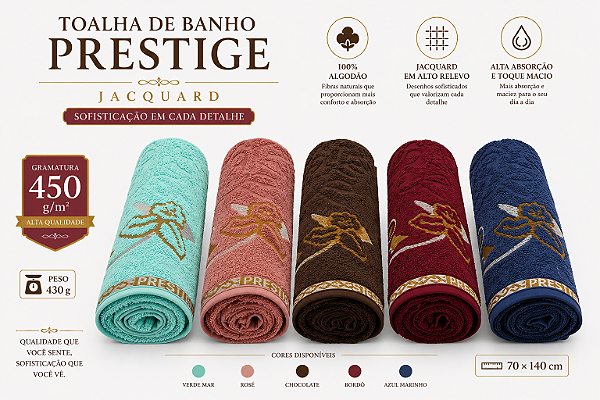 KIT 5 TOALHAS BANHO PRESTIGE JACQUARD 450G/M2 CONFORTO E ELEGANCIA
