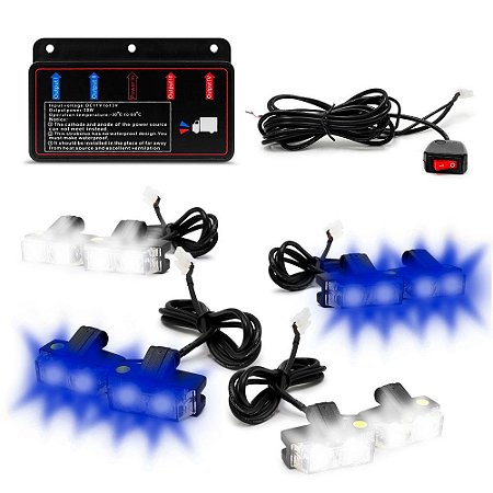 Kit Strobo Automotivo 08 Farol LED - Grade Frontal do Veículo - Azul e Branco