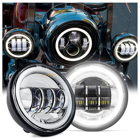 Farol de LED Lateral 4.5" Polegadas 30W - Moto Harley Davidson - Fundo Cromado - Par