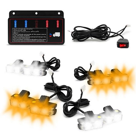 Kit Strobo Automotivo 08 Farol LED - Grade Frontal do Veículo - Âmbar e Branco