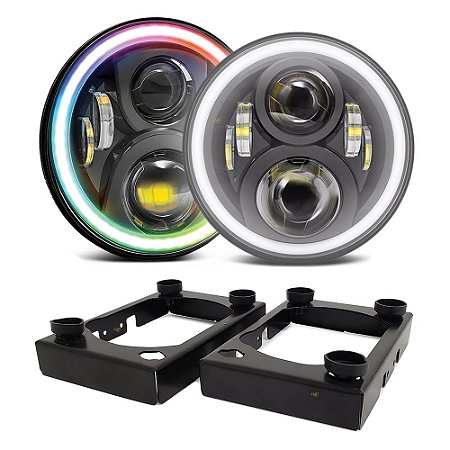 Farol de LED 7 Polegadas - 2a Ger 60w - Angel Eyes Colorido RGB Via Bluetooth + Suporte Troller - PAR