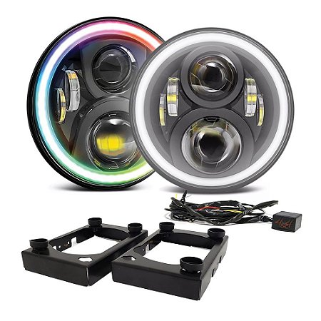 Farol de LED 7 Polegadas - 2a Ger 60w - Angel Eyes Colorido RGB Via Bluetooth + Suporte Troller C/ Canceller - PAR