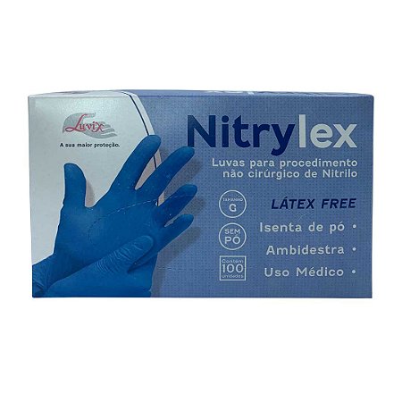 Luva Proc. Nitrílica sem pó G Azul Nitrylex - Luvix