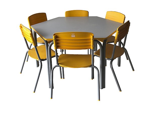 Conjunto Sextavado Tamanho 03 com Cadeira Aluno Tamanho 03 – Amarelo e Cinza