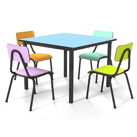 Conjunto De Mesa 80x80 Juvenil (6 À 10 Anos) - 1 Mesa + 4 Cadeiras - Colorido