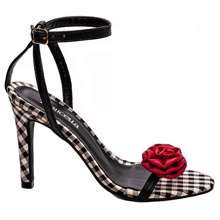 Sandália Xadrez Preto e Branco com Rosa Vermelha 30096A