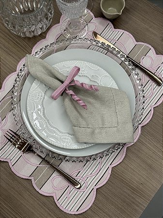 Lugar Americano Laço Dupla Face Bordado Rosa Listrado 36x46 cm