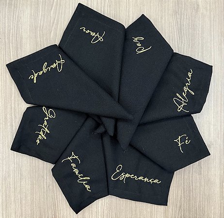 Guardanapo Preto Bordado Dourado com Palavras – Linho Misto 43x43 cm