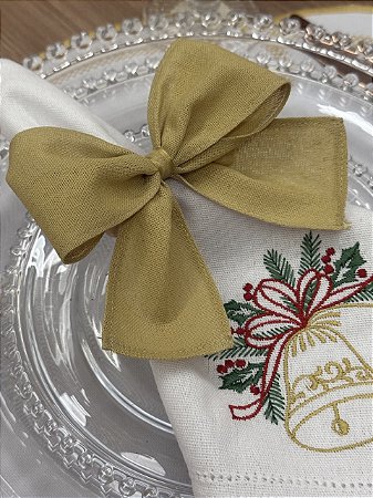 Porta-Guardanapo Laço Dourado Tecido Linho com Argola de Madeira – Dourado