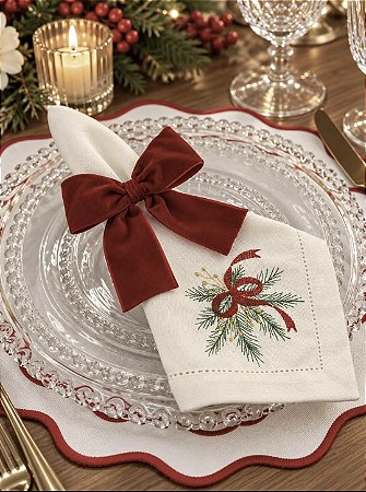Guardanapo de Natal Bordado Laço e Pinheiro Linho Misto 43x43 cm