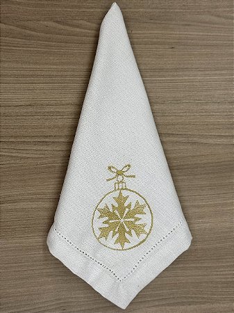 Guardanapo Natalino Linho Misto Bordado Bola de Natal Dourada com Ponto Ajour
