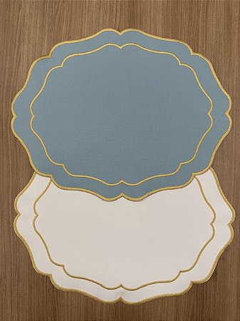 Jogo Americano Dupla Face Azul e Branco Bordado Dourado 37x47cm