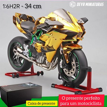 Miniatura Elétrica Gigante Kawasaki Ninja H2R Dourada Escala 1:6 (34 cm) - Som, Farol e Lanterna Acendem, Aceleração