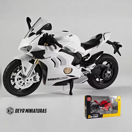 Miniatura Ducati Panigale V4 S Branco Huayi 1:12 Acende Farol ( 17 cm)