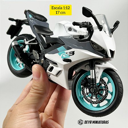 Miniatura Yamaha YZF-R3 2024 Branca Metálica R-White - Acende Farol - Escala 1:12 (17 cm)