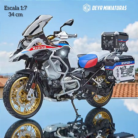 Miniatura Premium BMW R 1250 GS Adventure - Escala 1:7 - 34 cm - Acende Farol, Lanterna, Spray, Aceleração