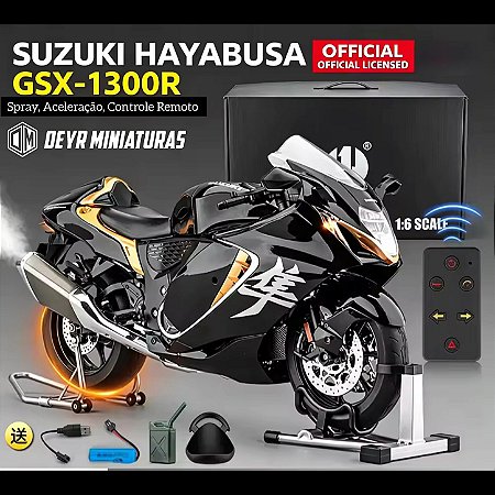 Miniatura Suzuki Hayabusa Preto 2023 Escala 1:6 (36 cm) - Spray, Aceleração, Controle Remoto