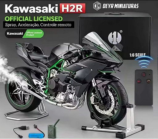 Miniatura Kawasaki Ninja H2R Escala 1:6 (34 cm) - Spray, Aceleração, Controle Remoto