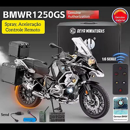 Miniatura BMW R 1250 GS PREMIUM TRIPLE BLACK - Escala 1:6 - 37 cm - Spray, Aceleração, Controle Remoto