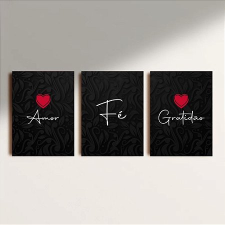 Conjunto 3 Placas Decorativas Amor Fé e Gratidão