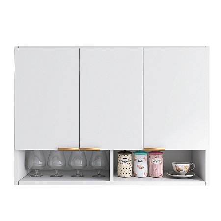 Armário 90cm Aéreo Modular 3 Portas Multiuso Cozinha Lavanderia Escritório Com Nicho