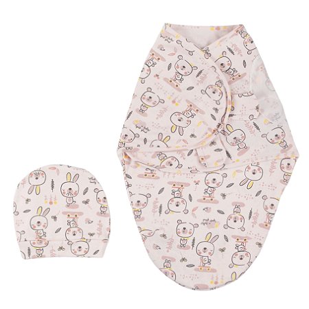 Cueiro Swaddle Enroladinho com Gorro Bebê Pipoca Ursinho Rosa (0m+)