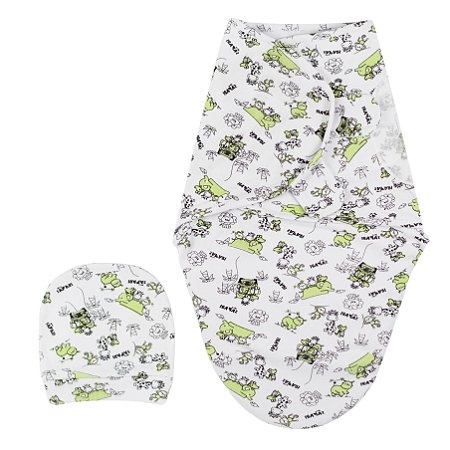 Cueiro Swaddle Enroladinho com Gorro Bebê Pipoca Safari Branco (0m+)