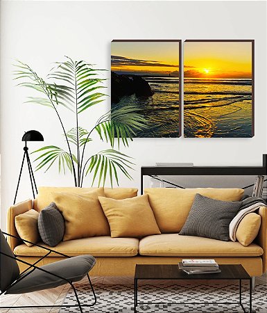 Dupla de quadros decorativos paisagem ItajaÃ­ Mod. 15 - Amanhecer na Praia do Atalaia [BOX DE MADEIRA]