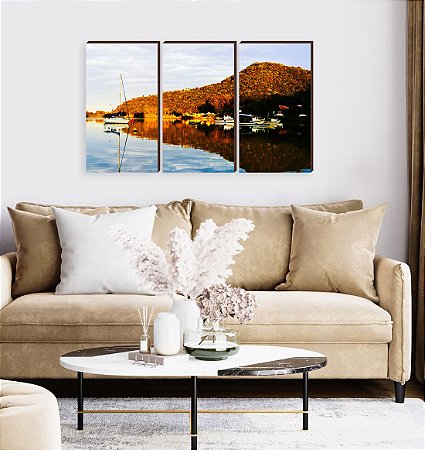 Trio de quadros decorativos paisagem ItajaÃ­ Mod. 20- BaÃ­a Affonso Wippel Barcos de pesca [BOX DE MADEIRA]