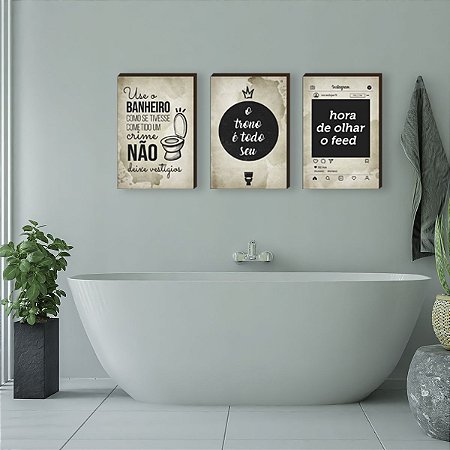 Trio de quadros decorativos Banheiro + Frases - fundo bege [BOX DE MADEIRA]