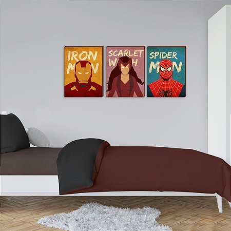Trio de quadros decorativos infantil HerÃ³is Marvel Vintage - Homem de Ferro + Feiticeira Escarlate + Homem Aranha [BOX DE MADEIRA]