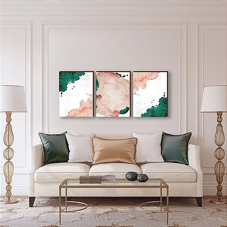 Trio de quadros decorativos Abstrato aquarela - rosa e verde [BOX DE MADEIRA]