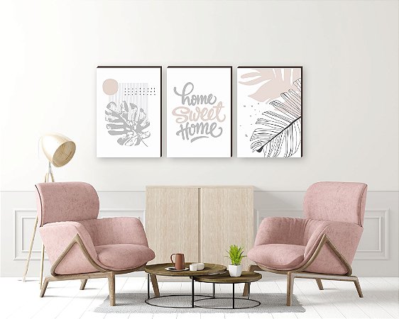 Trio de quadros decorativos Home sweet home + OrgÃ¢nico rosa  [BOX DE MADEIRA]